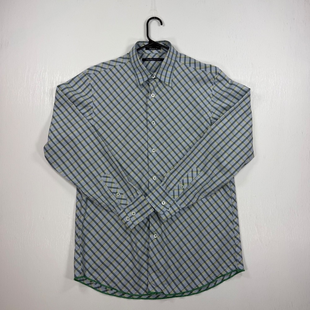 Indigo Palms Plaid Button Up 100% Cotton Blue Green Yellow Preppy Vintage Style
